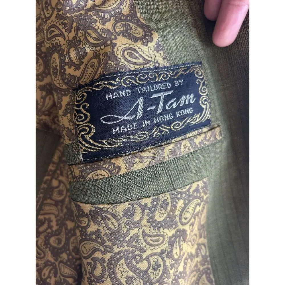 A-Tam Men's Green Striped Tuxedo Blazer S Regular Single-Breasted 3-Button